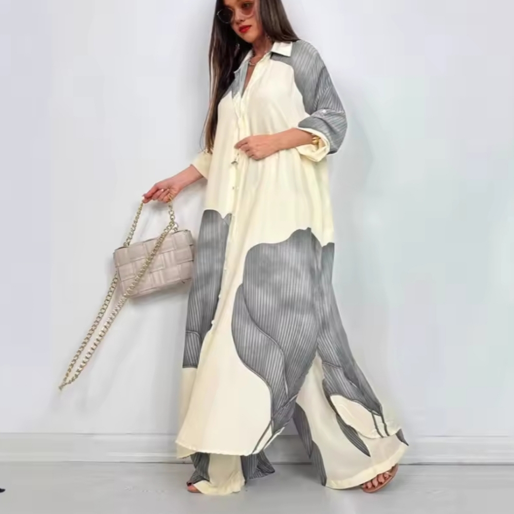 Elegant Lady Set Fashion Printed LongShirt Top + Wide Leg Pants 2-piece Outfit - Picture 2 of 7